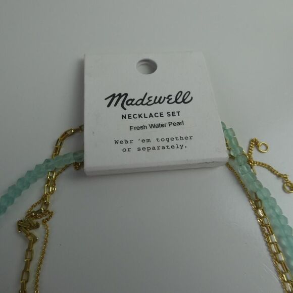 Madewell Fresh Water Pearl Beaded Shell Gold Tone Necklace Set Aqua Mint Teal - Picture 5 of 6